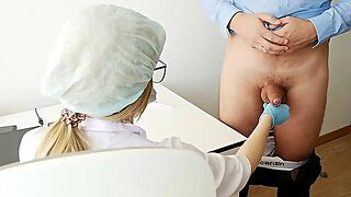 Breasty Doctor milking the prostate. Stuck her finger up the butt