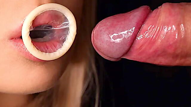Close Up: Horny Condom Blowjob! She Broke the Condom and got all Cum in Mouth...