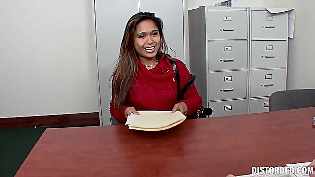 Asian with small tits fucks immigration officer and swallows jizz