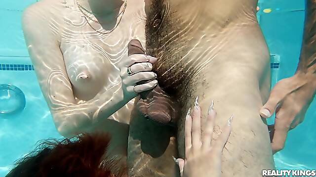 Outdoor FFM threesome in the pool with Kira Perez & Fiona Frost
