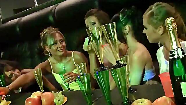 Partying college sluts group fuck dude in club