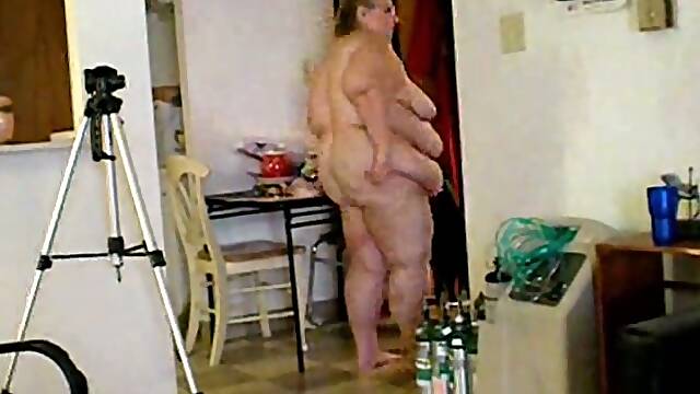 250 pound BBW wife jiggles her giant belly and flabby butt