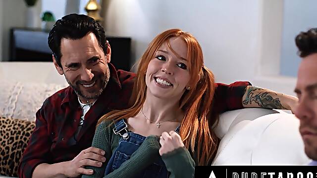 Playful redhead stepsister properly DPed by two horny bulls in loud trio