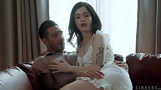 Horny teen brunette is secretly fucking her step- father, even while her mom is at home