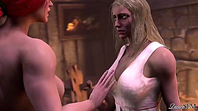 DesireSFM - triss Merigold futanari huge delicious cock intense sex, mouth full of cum 3D animation