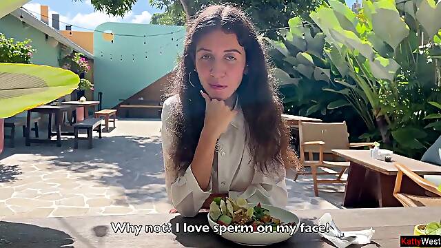I asked a friend to cum on my face in a cafe so I could eat food with sperm - Public Cumwalk