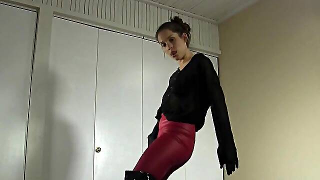 Leggings Boots Gloves Crotch Thrusting, Im all decked out from head to toe in my thigh high leather latex boots, then my tight red leathery leggings, long black gloves and button up sheer shirt...