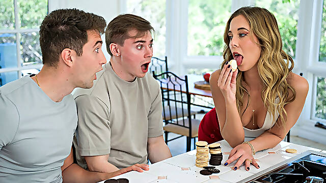 Perverted MILF stepmom Millie Morgan fucks stepson and his buddy
