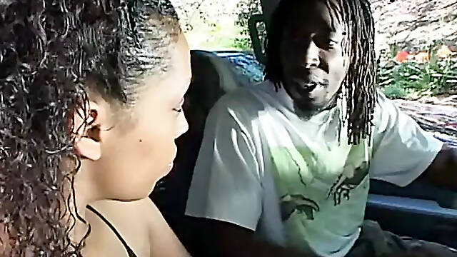 Ebony babe with nice tits gets her pussy fucked in the back of a van