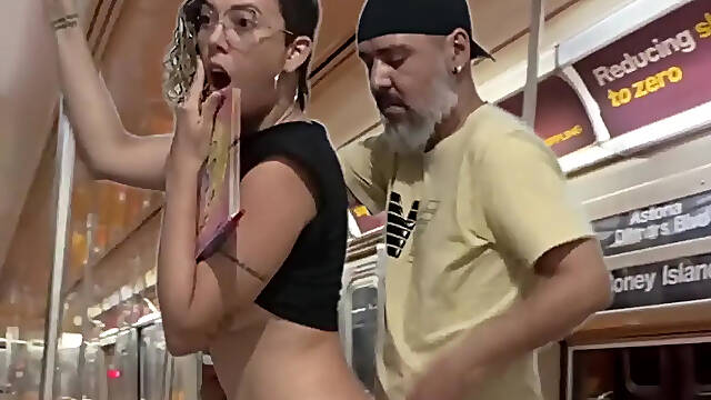 Student girl gets cum on New York subway train