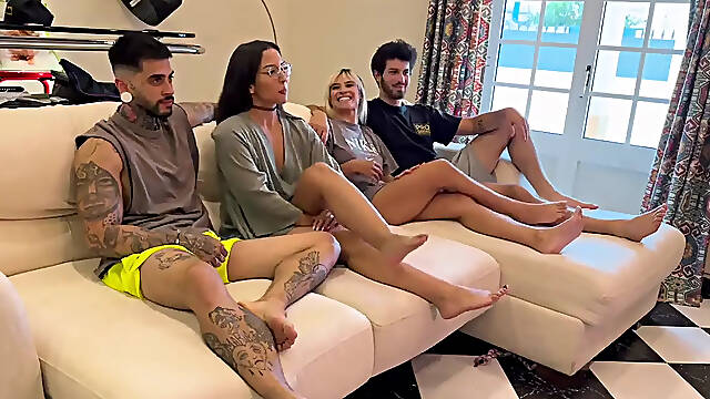 Blonde GF gives wet BJ while brunette MILF gets fucked