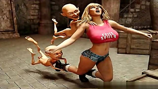 Two funny goblins catch busty blonde