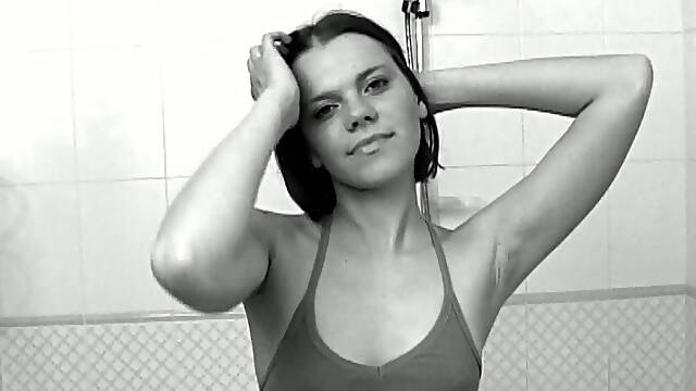 Erotic Solo Black and White Video with Short-Haired Brunette in Shower