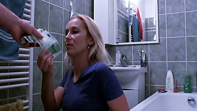 Slutty blonde chick gives a blowjob and fucks for money