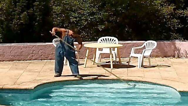 Two lustful girls have threesome sex with a pool cleaning guy