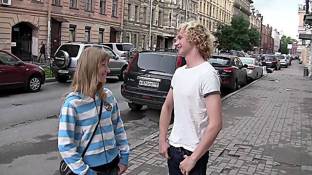 Titless blonde Amy sycjs Samuel's cock and takes a ride on it