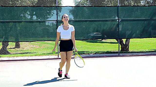 Topless tennis with a sporty brunette babe with perky tits