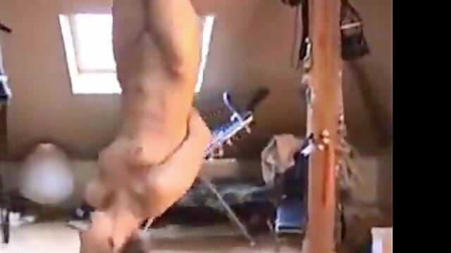 I bought a hoisting machine to lift my slave upside down to the ceiling.