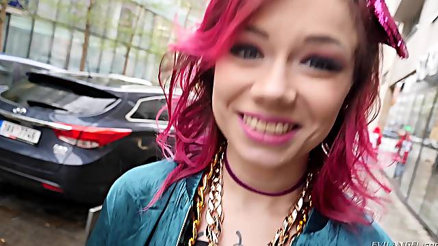 Pink haired punk teen Kira Roller gets cum in her dirty whore mouth