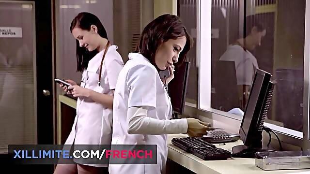 Sexy lesbo sex with a nurse in front of a voyeur