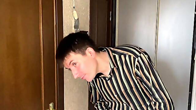 The stepson banged his stepmother in the booty whilst that babe got the beads from below the sofa!