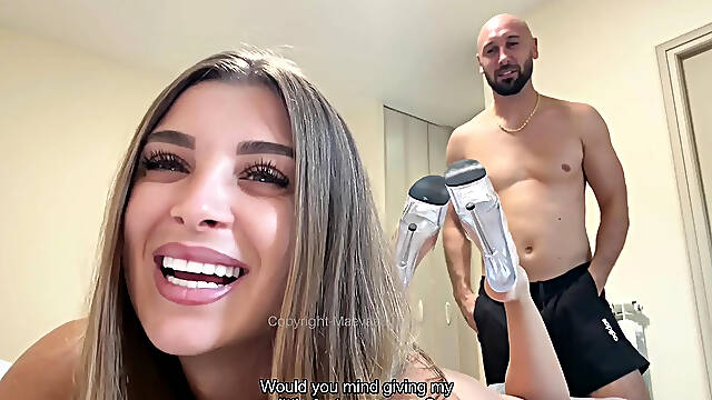I stroke my spouses dong with my domina feet to make him cum on the soles of my feet