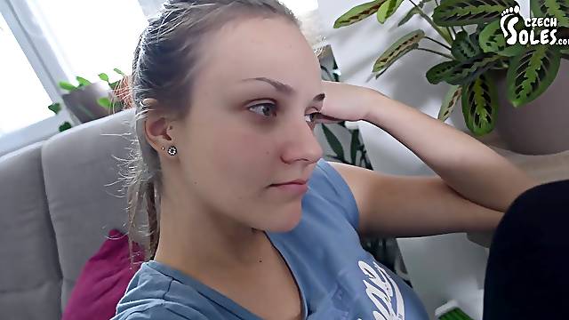 Relaxing her sweaty soles after a tennis match (POV foot adore, sneakers, gym socks, close up feet)