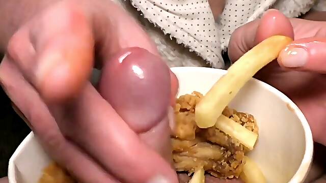Food Fetish blow Job in Chicken and Fries and gobble this with Taste