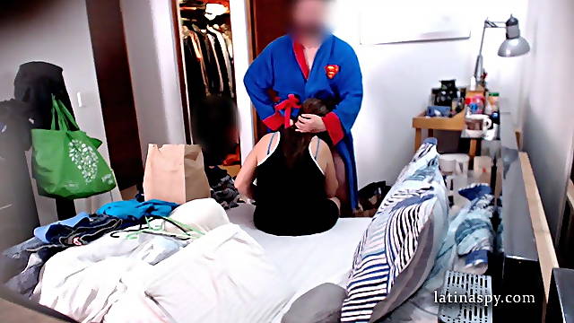 Mom maid folds clothes while she blows a cock