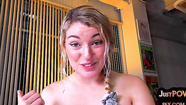 POV dirty talking slut fucked in closeup POV after HJ