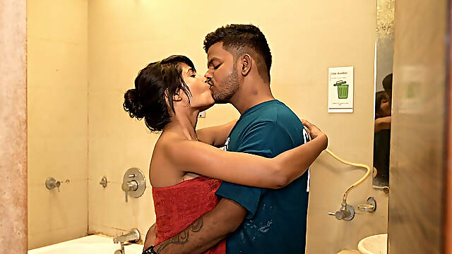 The boy caught the girl in the bathroom and fucked her