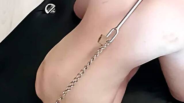 BDSM Gay metal bondage predicament with anal hook and ballstretcher