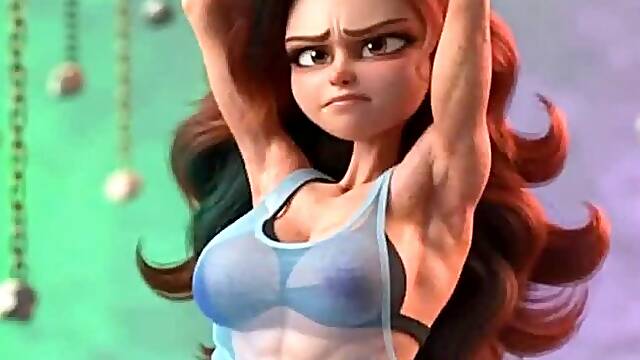 Muscled sexy armpits cartoon bitch is suspended in bondage and has her arms stretched watch her struggle