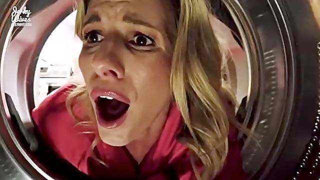 Blonde stepmother stuck in the dryer and the stepson fucked her in the ass