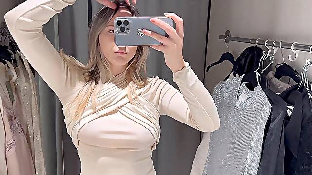 Sexy try-on haul with see-through outfits in changing room