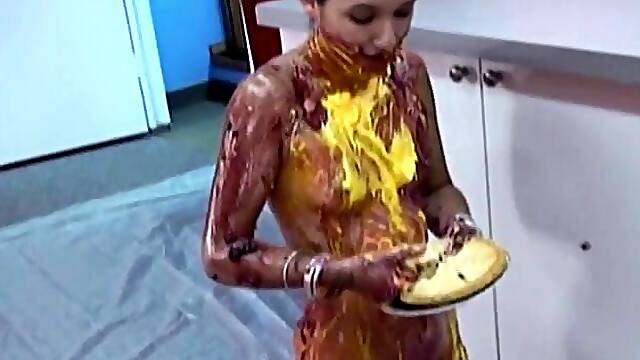 Pie fun in the kitchen with a small breasted sexy girl