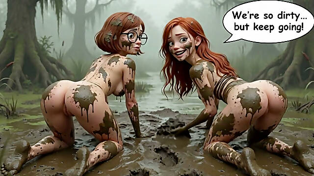 Two Stunning Women Lose Their Clothes in a Dark Swamp Searching for Their Friend and End up Naked in the Mud (ai Generated)