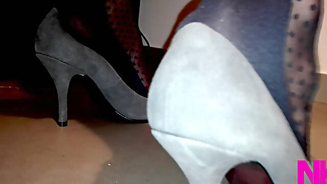 Sensual Shoeplay in Grey Patent Pumps and Blue Charmant Pantyhose