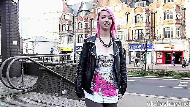 Pink haired slut Dolly Kitten loves posing and pissing outdoors